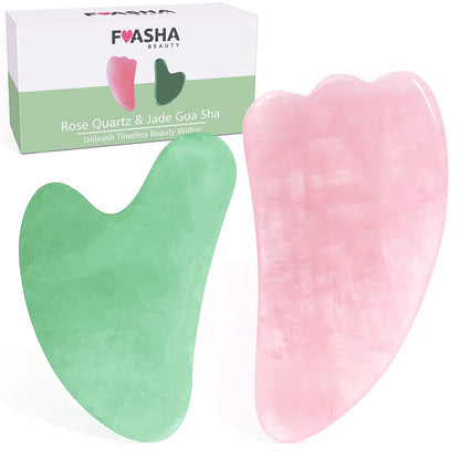 Gua Sha Facial Tools FUASHA - Premium 2-In-1 Jade & Rose Quartz Gua Sha Set - Lymphatic Drainage Scraping Massage Stone - Guasha Tool for Face - Facial Tools Sculpting Pack Health & Beauty > Personal Care > Cosmetics > Cosmetic Tools > Skin Care Tools Fuasha   