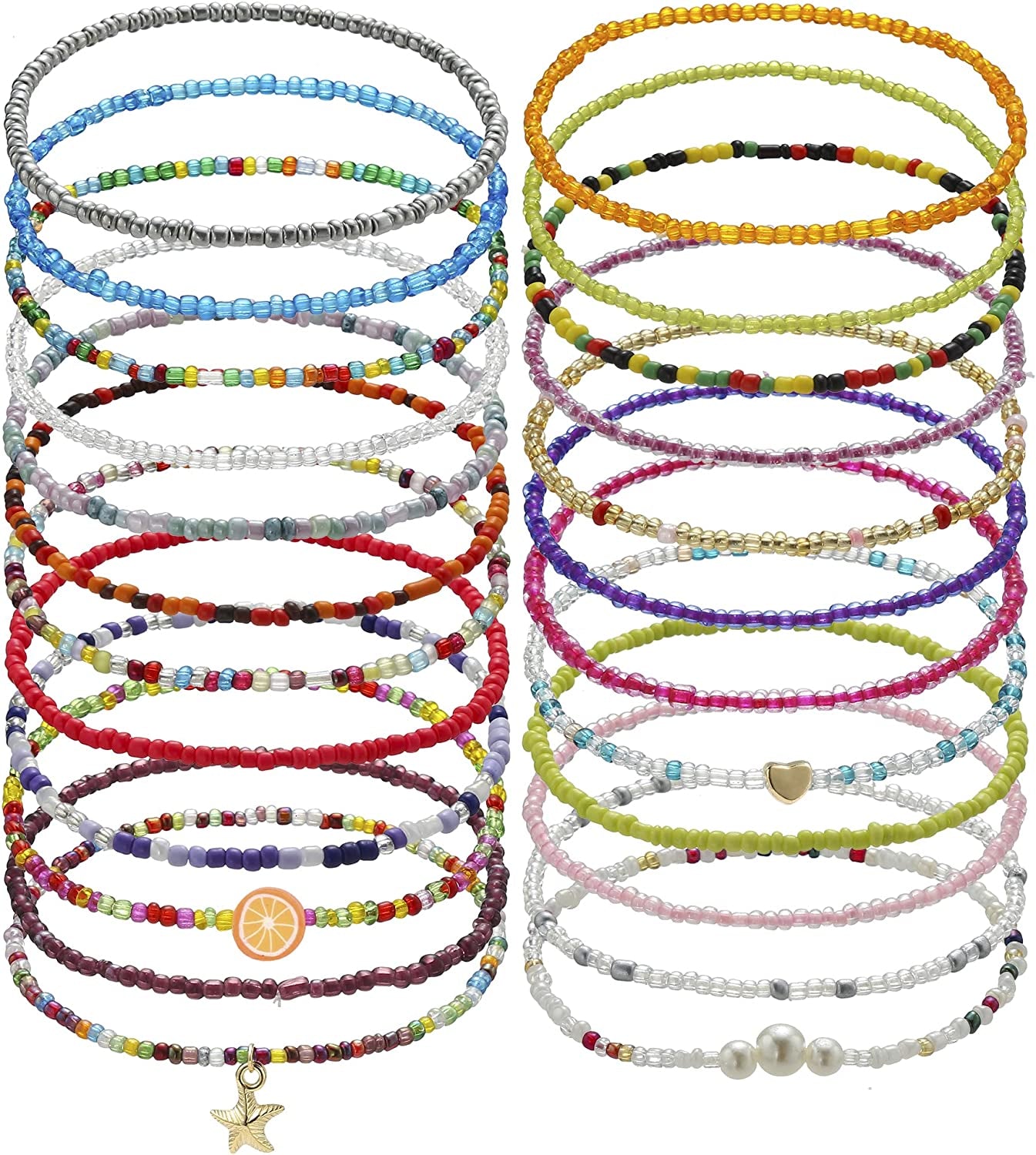 Beaded Evil Eye Anklets for Women Colorful Elastic Lucky Ankle Bracelet Hand-Woven Lucky Anklet Protection Anklet for Family Apparel & Accessories > Jewelry > Anklets Dalinner BEADED-24Set 02  