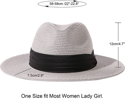 Lanzom Women Wide Brim Straw Panama Roll up Hat Belt Buckle Fedora Beach Sun Hat UPF50+ Apparel & Accessories > Clothing Accessories > Hats Lanzom   