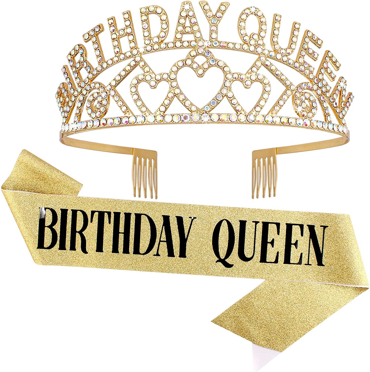 CAVETEE Gold Birthday Queen Rhinestone Tiara and Sash- Birthday Tiara and Sash Birthday Party Favors Glitter Birthday Decorations for Women（Multi Color Letter） Apparel & Accessories > Clothing Accessories > Sashes CAVETEE Gold  