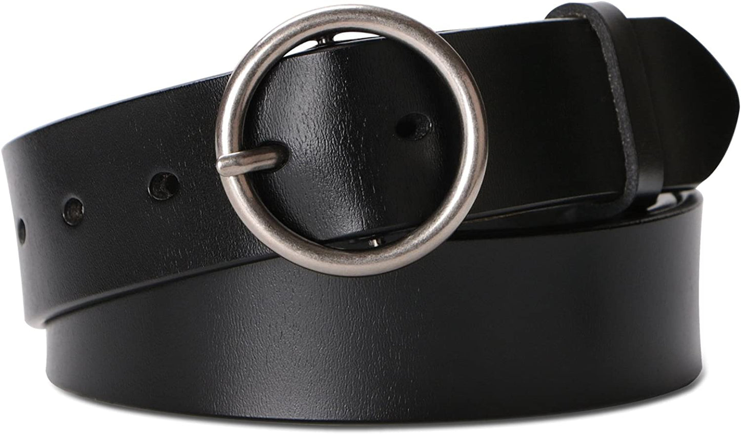 Fashion Women Leather Belt for Dresses Jeans Pants with Classic round Buckle by SUOSDEY… Apparel & Accessories > Clothing Accessories > Belts SUOSDEY 01-black/Silver Buckle Suitable for 40"-44" Waist 