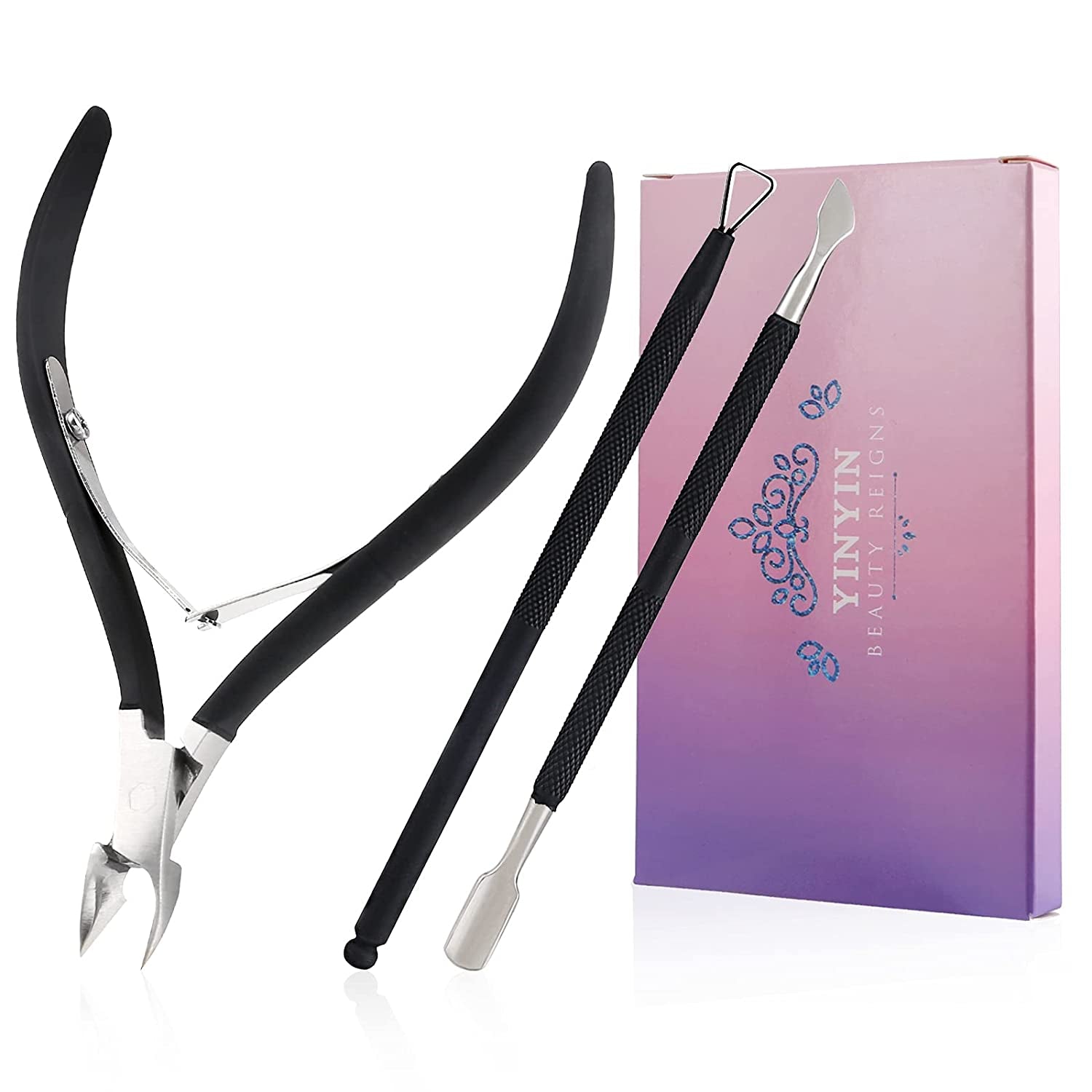 Cuticle Trimmer with Cuticle Pusher -YINYIN Cuticle Remover Cuticle Nippers Professional Stainless Steel Cuticle Pusher and Cutter Clippers Durable Pedicure Manicure Tools for Fingernails and Toenails Health & Beauty > Personal Care > Cosmetics > Cosmetic Tools > Nail Tools YINYIN Black  