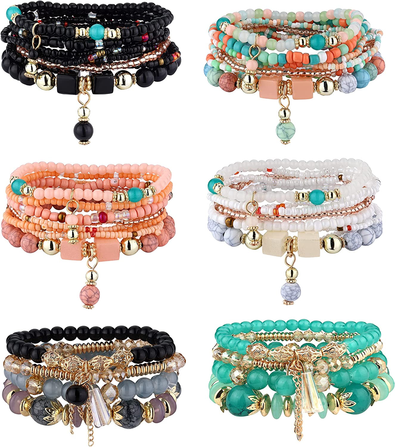 Jstyle Bohemian Stackable Bead Bracelets for Women 6 Sets Stretch Beaded Bracelets Multi-Color Boho Jewelry for Women Multilayer Bracelet Boho Apparel & Accessories > Jewelry > Bracelets Jstyle E:Multi Layer Colorful Beads Bracelets  