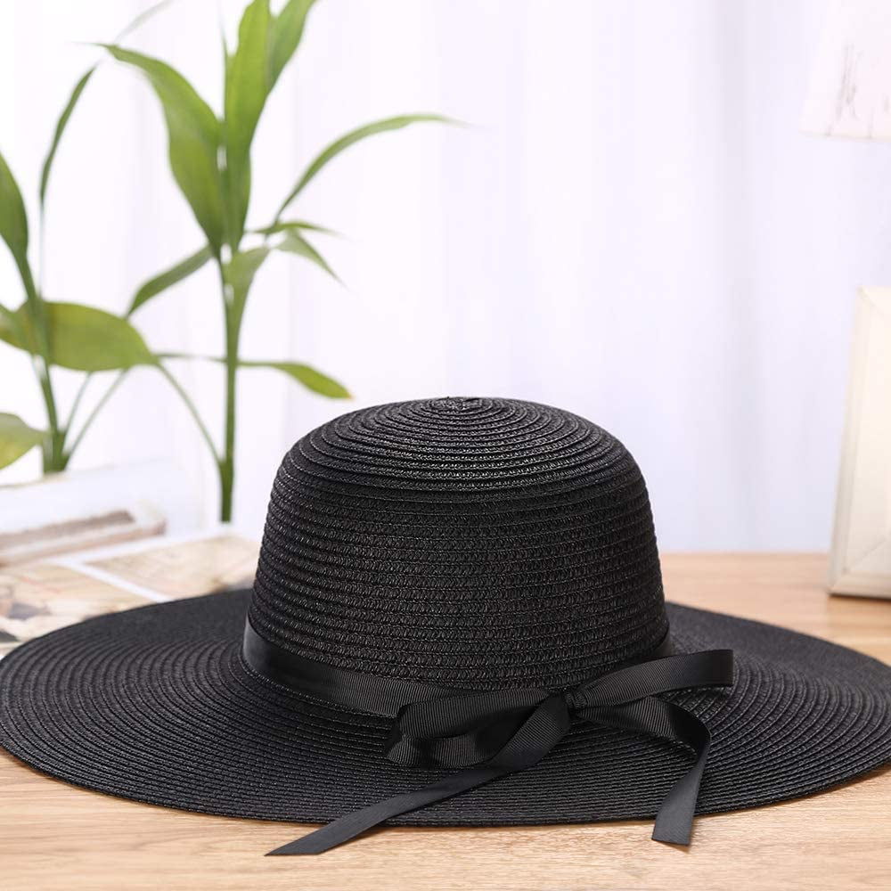 Sun Hats Floppy Foldable Bowknot Large Wide Brim Straw Women'S Hats Summer Beach Beach Cap UV Protection (Black) Apparel & Accessories > Clothing Accessories > Hats Chapter Seven   