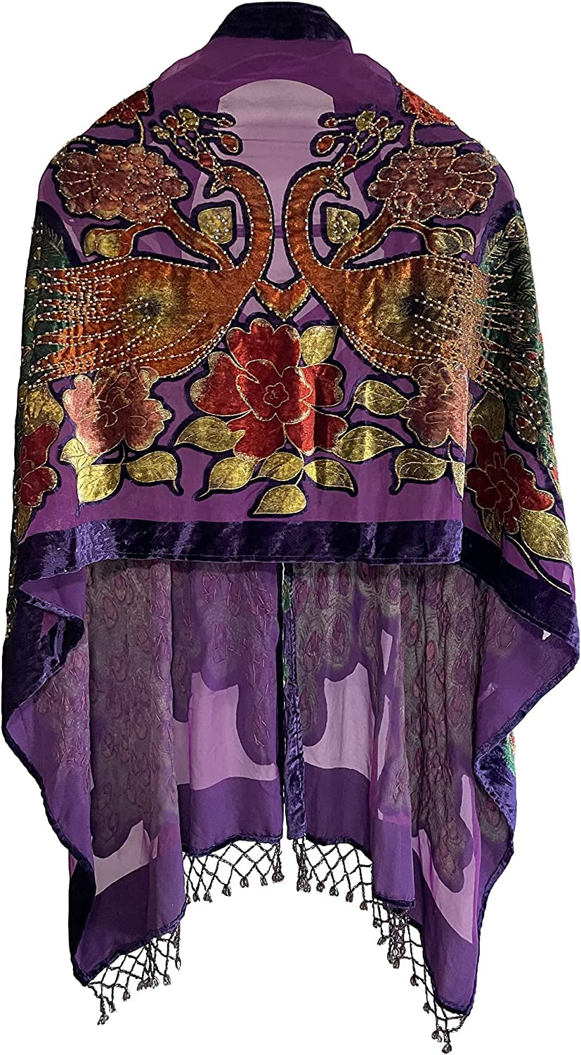 Peacock Velvet Shawl with Fringe Beaded Shawl for Women Peacock Scarf Handmade Beading Indian Wraps for Women with Tassel Apparel & Accessories > Clothing Accessories > Scarves & Shawls DQSSYTTX Purple  