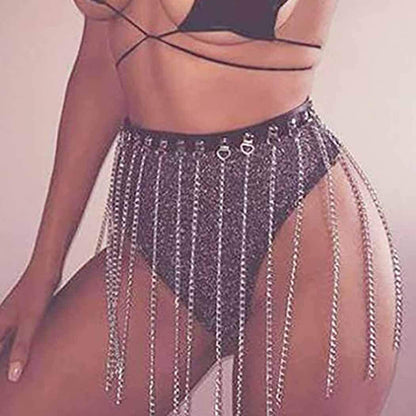 Ludress Punk Leather Waist Chain Tassel Dance Skirt Black Belt Belly Chain Hip Body Chain Rave Body Jewelry for Women and Girls Apparel & Accessories > Jewelry > Body Jewelry LUDRESS   