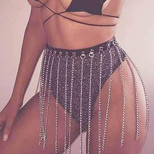 Ludress Punk Leather Waist Chain Tassel Dance Skirt Black Belt Belly Chain Hip Body Chain Rave Body Jewelry for Women and Girls Apparel & Accessories > Jewelry > Body Jewelry LUDRESS   