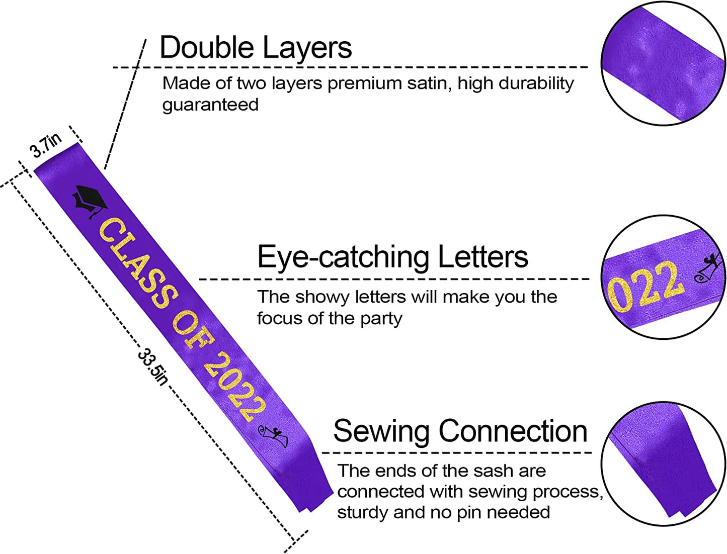 Purple “Class of 2022” Graduation Sash | Gold Glitter Letter Graduate Satin Sash | Funny Graduation Gifts for Boy or Girl| 2022 Graduation Celebration Party Supplies Apparel & Accessories > Clothing Accessories > Sashes Partyprops   