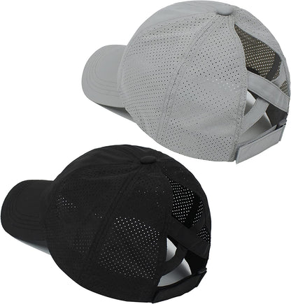 Muryobao 2 Packs Womens Criss Cross Ponytail Baseball Cap High Messy Bun Ponycap Quick Drying Mesh Outdoor Sports Travel Hat Apparel & Accessories > Clothing Accessories > Hats Muryobao Black & Light Grey  