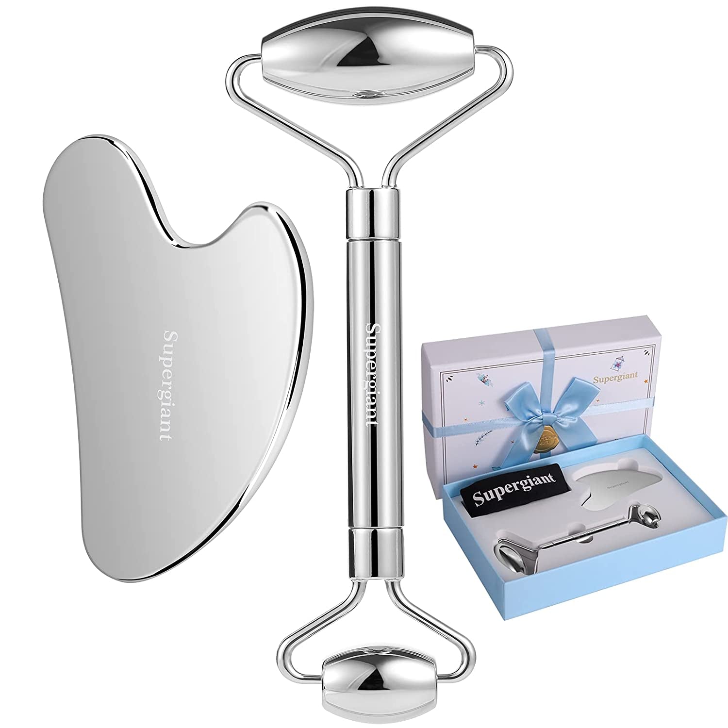Supergiant Stainless Steel Face Roller and Gua Sha Set Facial Roller Massager Skin Care Roller Tools for Face Eyes Neck, Relieve Fine Lines and Wrinkles with Travel Pouch Health & Beauty > Personal Care > Cosmetics > Cosmetic Tools > Skin Care Tools Supergiant   