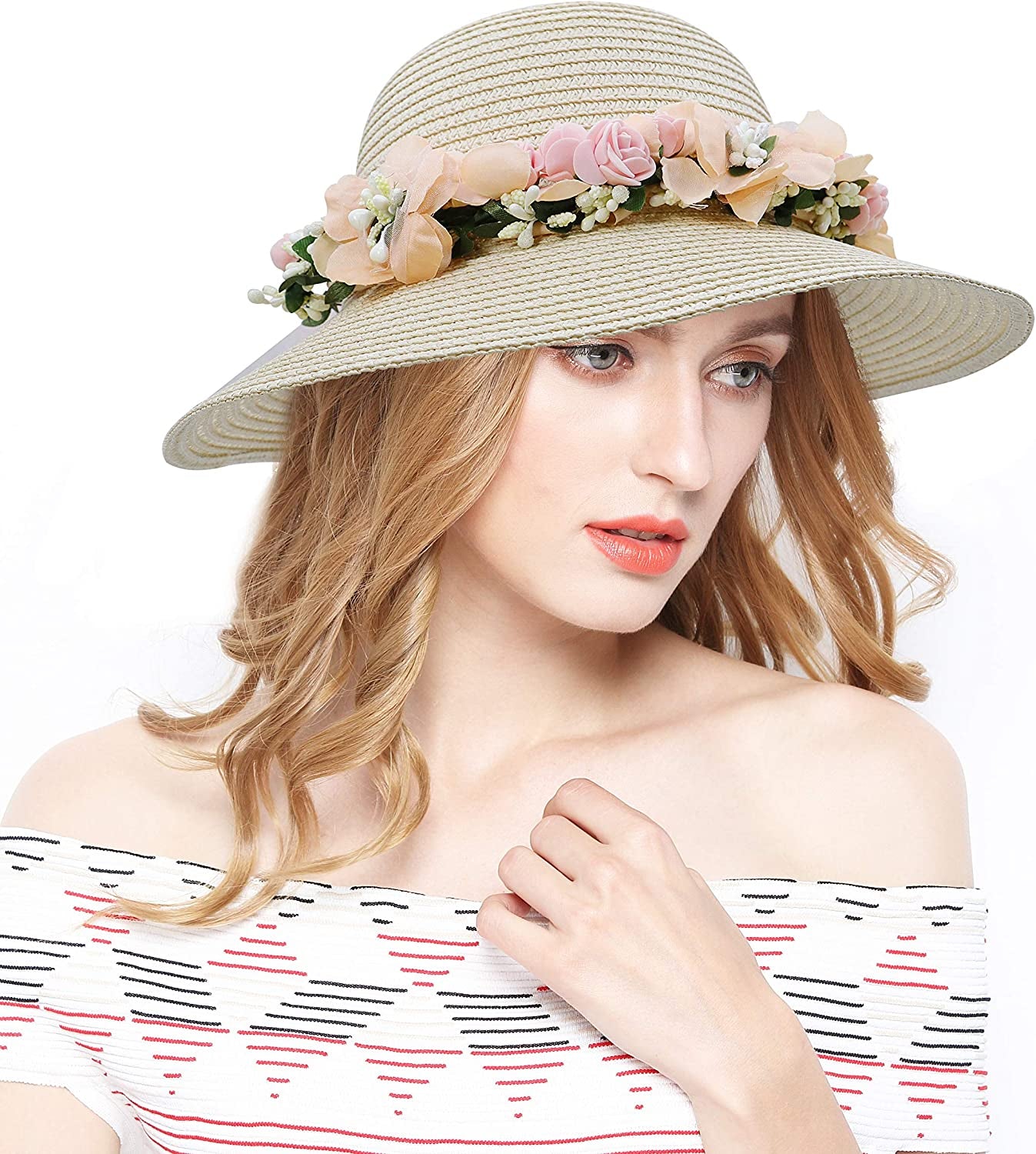 Lovful Fashion Flower Lace Ribbon Wide Brim Caps Summer Beach Sun Protective Hat Straw Hats for Women Apparel & Accessories > Clothing Accessories > Hats KYLIE MAX   
