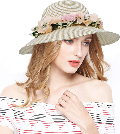 Lovful Fashion Flower Lace Ribbon Wide Brim Caps Summer Beach Sun Protective Hat Straw Hats for Women Apparel & Accessories > Clothing Accessories > Hats KYLIE MAX   
