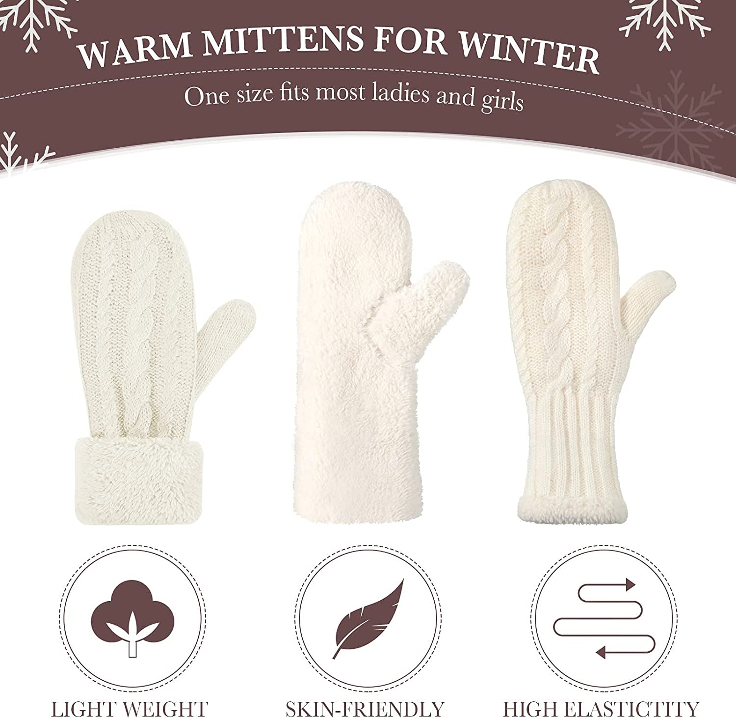 SATINIOR 3 Pairs Women'S Winter Knit Mittens Gloves Warm Soft Lining Gloves Thick Wool Gloves for Winter Cold Weather,Adult Size Apparel & Accessories > Clothing Accessories > Gloves & Mittens SATINIOR   