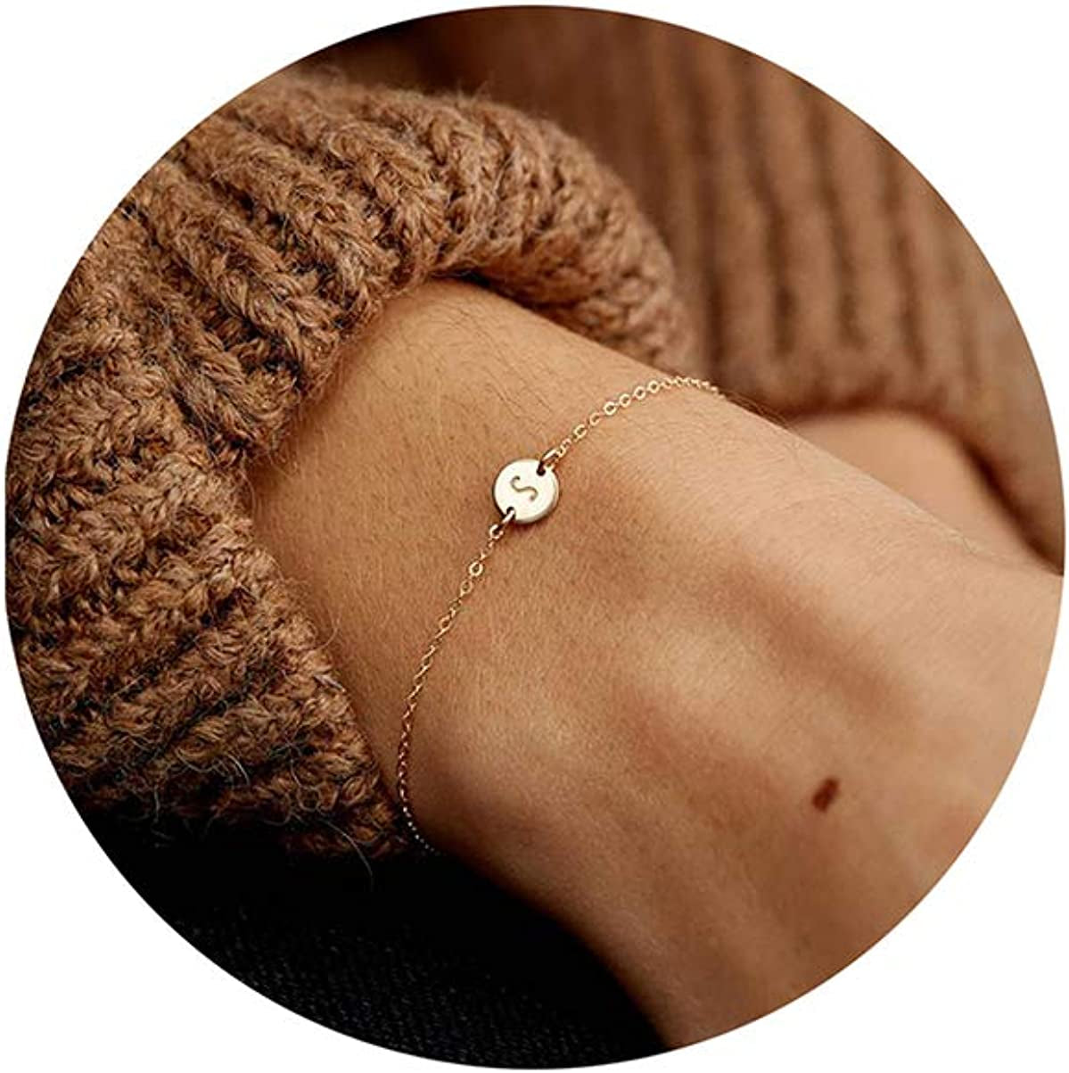 Glimmerst Personalized Initial Bracelet, 18K Gold Plated Stainless Steel Letter Bracelet Dainty Coin Charm Bracelet Delicate Disc Name Bracelet for Women Girls Apparel & Accessories > Jewelry > Bracelets Glimmerst S  