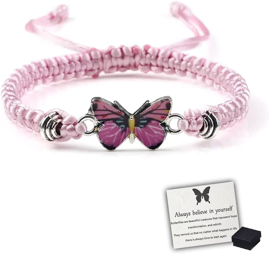 Butterfly Charm Bracelet, Adjustable Hand Woven Bracelets, Cute Butterfly Charm Bracelets, Bracelet Suitable for Family Butterfly Jewelry (Silver) Apparel & Accessories > Jewelry > Bracelets KKLM Pink  