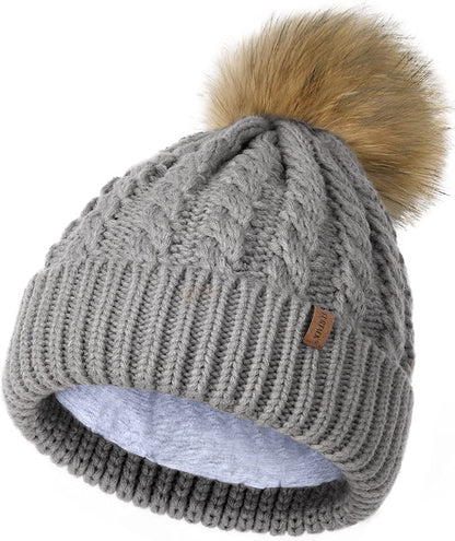 FURTALK Winter Beanie Hat for Women Cotton Lined Faux Fur Pom Pom Hats Womens Warm Thick Knit Skull Cap Apparel & Accessories > Clothing Accessories > Hats KYLIE MAX 07 Grey One Size 