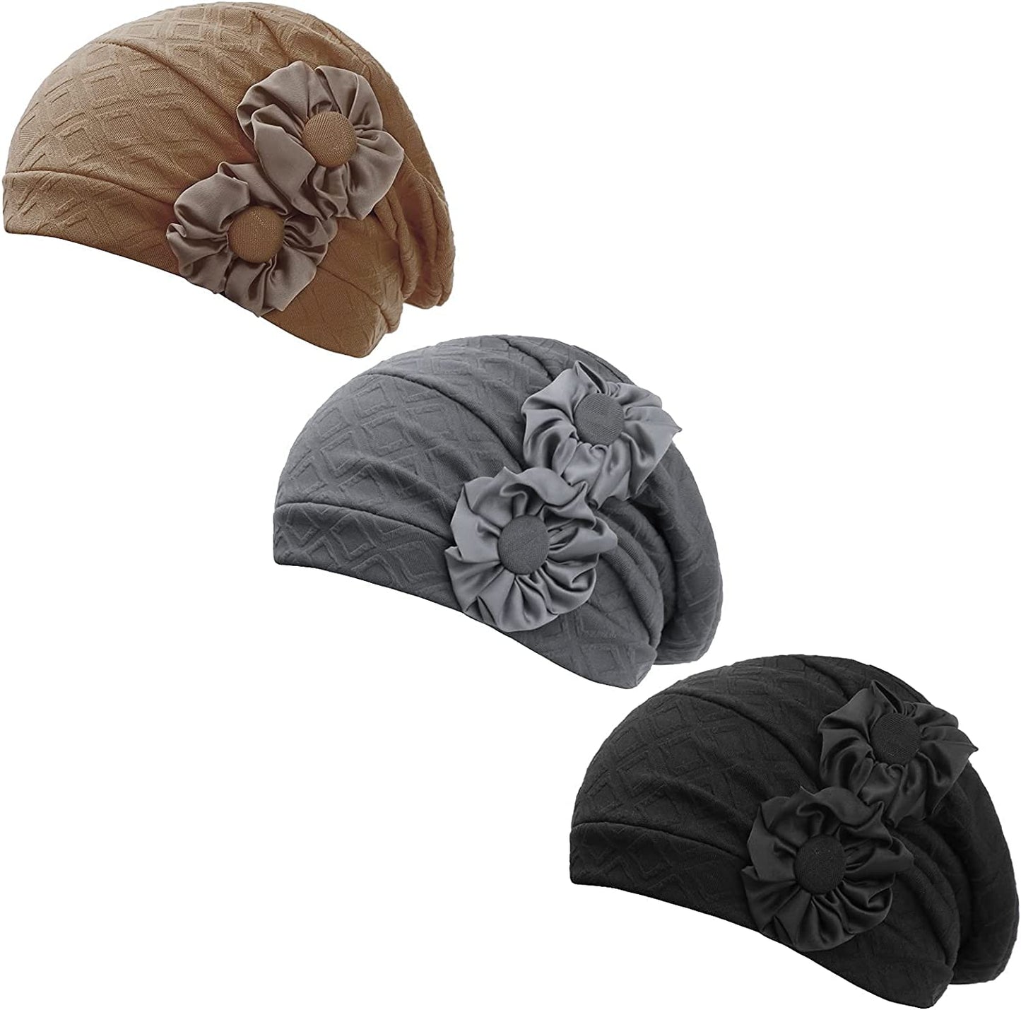 HONENNA Chemo Caps Headwear for Women Turbans Beanies Flowers Hats Headwrap for Cancer Patient Hair Loss Apparel & Accessories > Clothing Accessories > Headwear HONENNA Flower:3 Pack[black+gray+brown]  