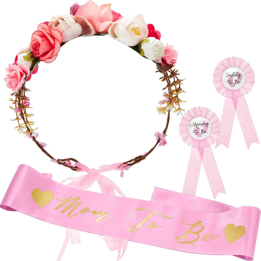 SATINIOR Baby Shower Sash, Mom to Be Sash and Pin with Floral Crown for Mom and Dad Kit for Baby Shower Party Favors Decorations (Style Set 2) Apparel & Accessories > Clothing Accessories > Sashes SATINIOR   