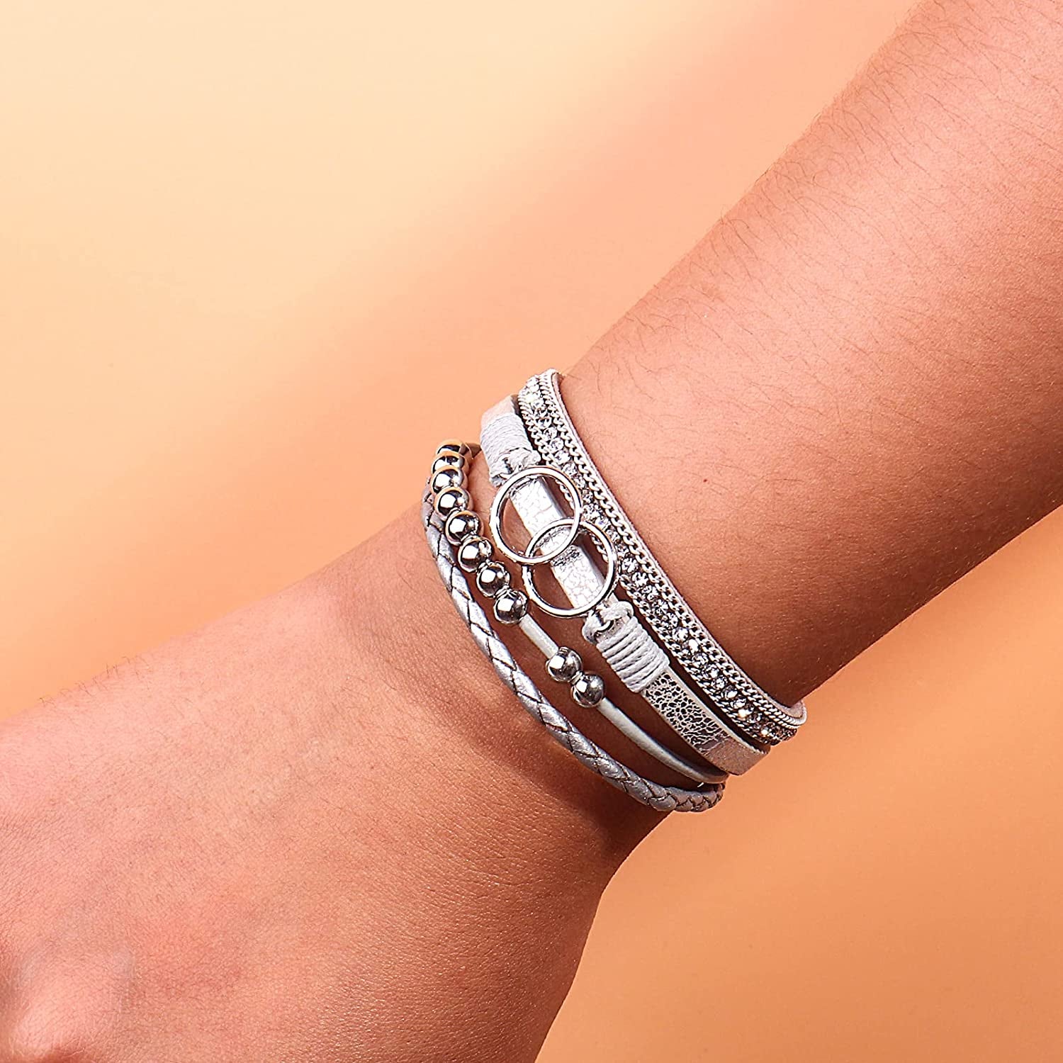 FANCY SHINY Boho Wrap Bracelets Leather Cuff Bangle Gold Beaded Bracelets for Women Stackable Infinity Bracelets Jewelry with Clasp Apparel & Accessories > Jewelry > Bracelets FANCY SHINY   