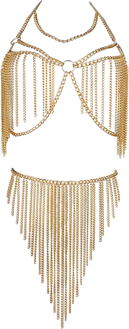 Maijiao Adjustable Gold Body Chain Set - Boho Summer Beach Bikini Belly Chain Jewelry for Women Rave Full Body Jewelry Layered Bra Chain Necklace Chain Dress Apparel & Accessories > Jewelry > Body Jewelry Maijiao Gold-6  