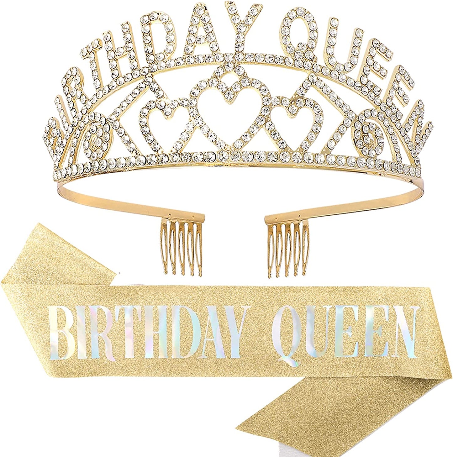 CAVETEE Gold Birthday Queen Rhinestone Tiara and Sash- Birthday Tiara and Sash Birthday Party Favors Glitter Birthday Decorations for Women（Multi Color Letter） Apparel & Accessories > Clothing Accessories > Sashes CAVETEE Gold Queen  