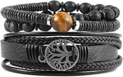 HZMAN Genuine Leather Tree of Life Bracelets Men Women, Tiger Eye Natural Stone Lava Rock Beads Ethnic Tribal Elastic Bracelets Wristbands Apparel & Accessories > Jewelry > Bracelets HZMAN Tiger Eye Stone -- Black  