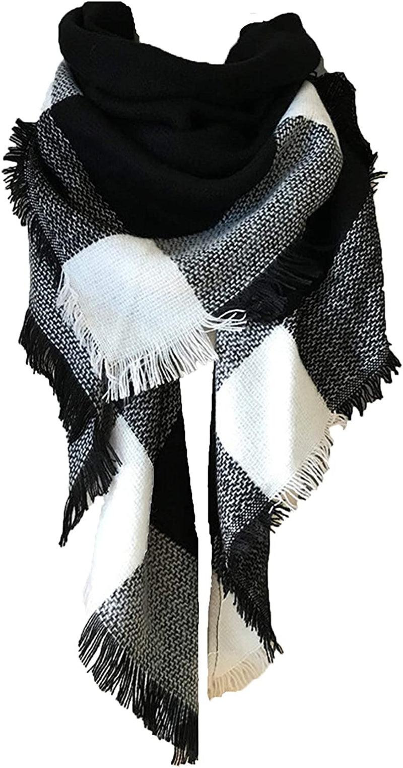 Wander Agio Womens Warm Long Shawl Winter Wraps Large Scarves Knit Cashmere Feel Plaid Triangle Scarf Apparel & Accessories > Clothing Accessories > Scarves & Shawls Wander Agio Big Black White  