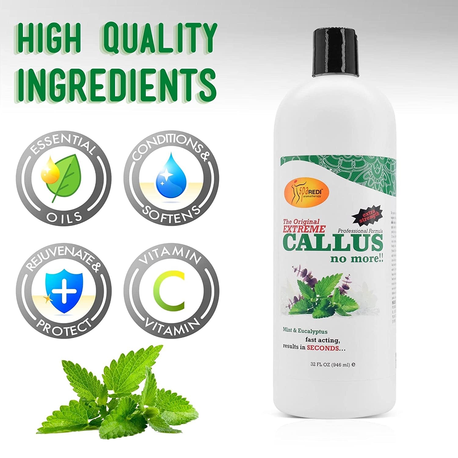 SPA REDI - Callus Remover for Feet Gel - Professional Pedicure Foot Care - Removes Toughest Calluses in Seconds and Smooths Dry Cracked Heels (Mint and Eucalyptus, 32 Oz) Health & Beauty > Personal Care > Foot Care SPA REDI   