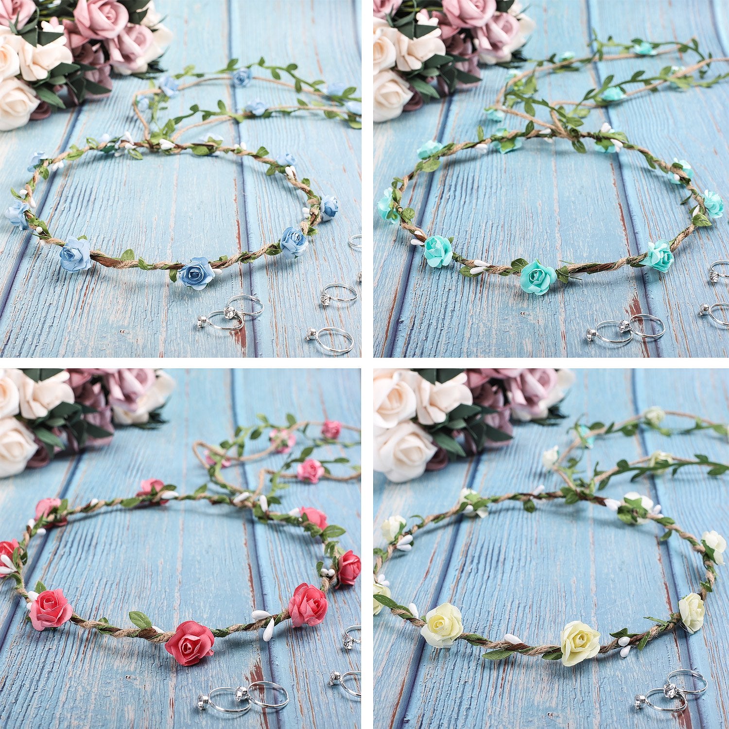 Whaline 4 Pcs Flower Crown Floral Wreath Headband Floral Garland Headbands Bohemian Style Headdress for Wedding Bride Bridal Headwear Party Festivals Hair Accessories (4 Color) Apparel & Accessories > Clothing Accessories > Headwear Whaline   