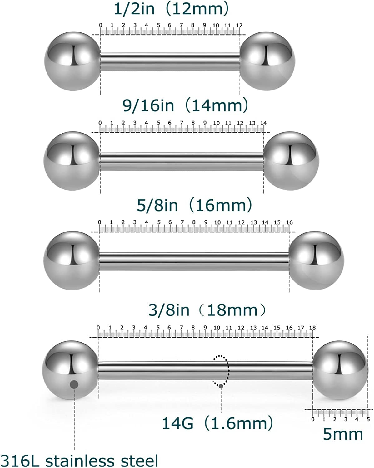 Vcmart Nipple Rings Tongue Rings Stainless Steel 14G Straight Barbells Piercing Jewelry 12Mm,14Mm,16Mm,18Mm Apparel & Accessories > Jewelry > Body Jewelry vcmart   