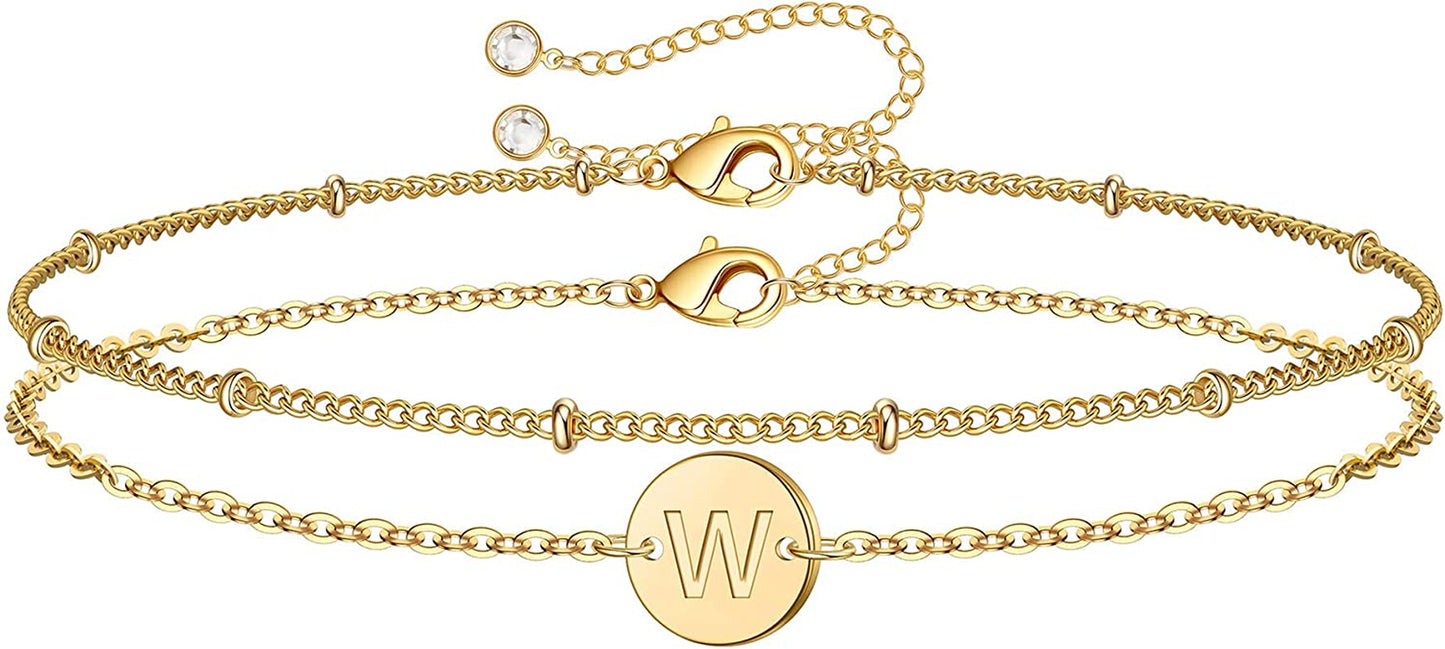 MONOZO Gold Initial Bracelets for Women, Dainty 14K Gold Filled Layered Beaded Letter Initial Bracelet Personalized 26 Alphabet Disc Monogram Charm Bracelet Jewelry Gifts for Girls Apparel & Accessories > Jewelry > Bracelets MONOZO W  