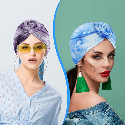 Geyoga 4 Pieces Women Turbans Knot Headwrap Tie-Dye Turban Pre-Tied Headwrap African Headwear Stretchy Turban Beanie Caps for Women Apparel & Accessories > Clothing Accessories > Headwear Geyoga   