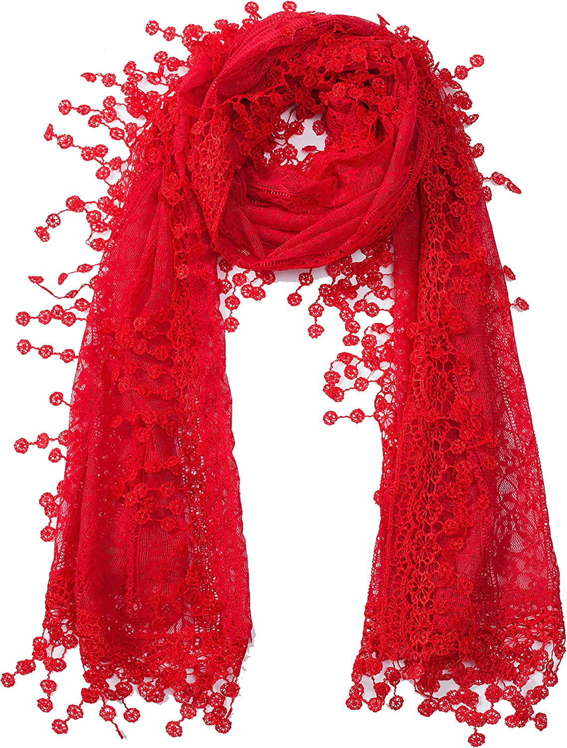 Women'S Lightweight Feminine Lace Teardrop Fringe Lace Scarf Vintage Scarf Mesh Crochet Tassel Cotton Scarf for Women Apparel & Accessories > Clothing Accessories > Scarves & Shawls Tan's Red With Fringes  