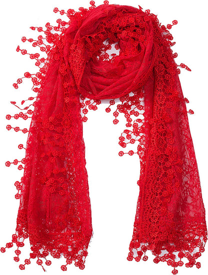 Women'S Lightweight Feminine Lace Teardrop Fringe Lace Scarf Vintage Scarf Mesh Crochet Tassel Cotton Scarf for Women Apparel & Accessories > Clothing Accessories > Scarves & Shawls Tan's Red With Fringes  