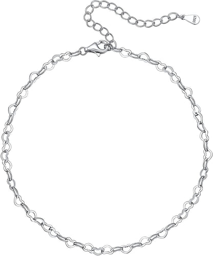 Chicsilver 925 Sterling Silver Ankle Bracelet for Women, Simple Durable Cuban Link/Figaro/Twist Rope Chain Anklets for Beach Party(With Gift Box) Apparel & Accessories > Jewelry > Anklets ChicSilver Jewelry J: Heart Chain  