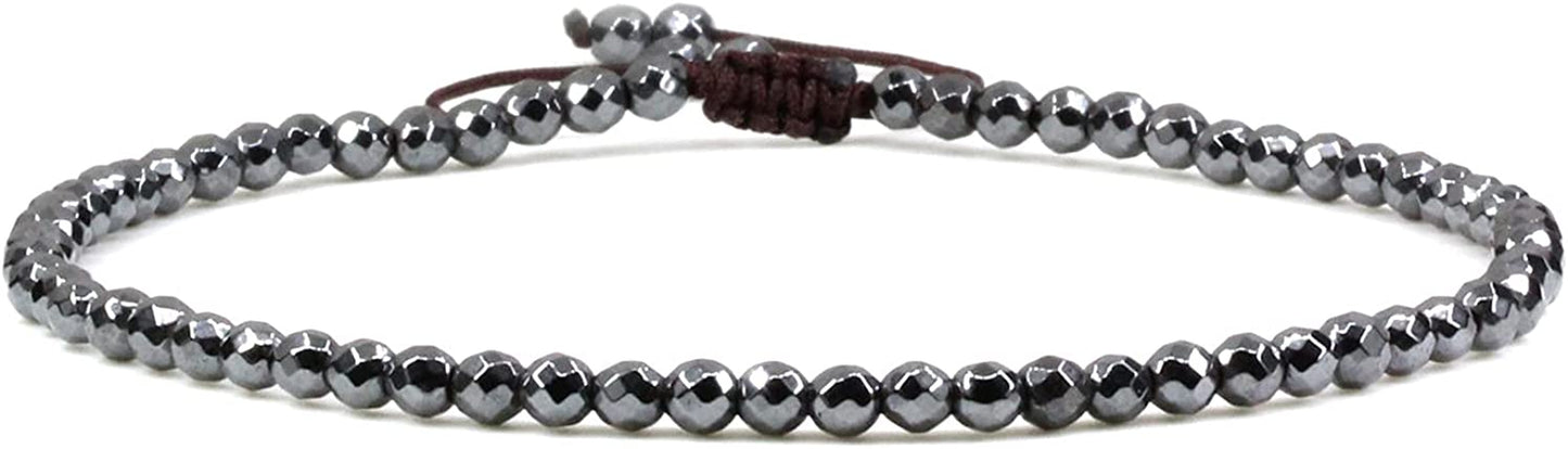 Keleny Natural Gemstone 4Mm round Bead Charm Stretch Anklet for Women Brown Rope Adjustable 8.6-11 Inch Apparel & Accessories > Jewelry > Anklets Kelenystones Faceted Black Hematite  