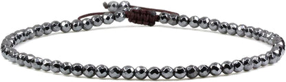 Keleny Natural Gemstone 4Mm round Bead Charm Stretch Anklet for Women Brown Rope Adjustable 8.6-11 Inch Apparel & Accessories > Jewelry > Anklets Kelenystones Faceted Black Hematite  