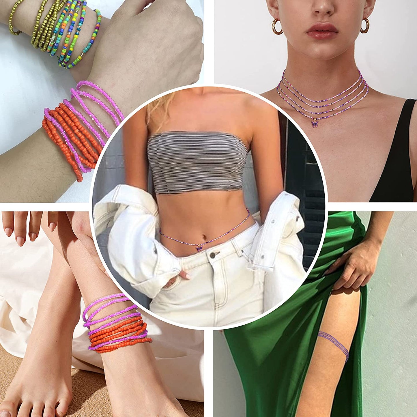 Sanfenly 24Pcs Waist Beads for Women Colorful African Elastic Beads plus Size Waist Chains Summer Beach Bikini Layered Waist Jewelry Belly Beads Body Chains Set Apparel & Accessories > Jewelry > Body Jewelry Sanfenly   