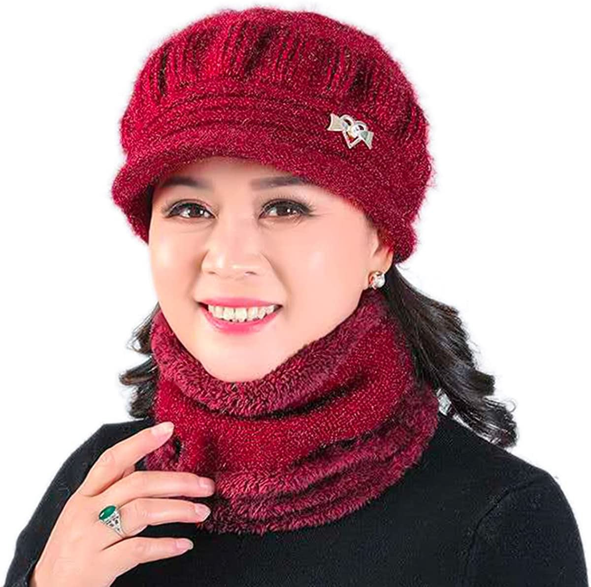 DANMY Women'S Winter Hat, Fleece Lined Womens Beanie Hat, Middle-Aged and Old Warm Earmuff Hat for Women Apparel & Accessories > Clothing Accessories > Hats DANMY 2pcs- Dark Red (Hat + Scarf) One Size 