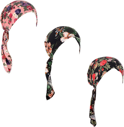 Pre Tied Chemo Head Scarf 3 Packed Beanie Skull Cover Cap for Women (Set6-Long Style) Apparel & Accessories > Clothing Accessories > Bandanas & Headties Qovelly D1-long Straps-3 Packed  