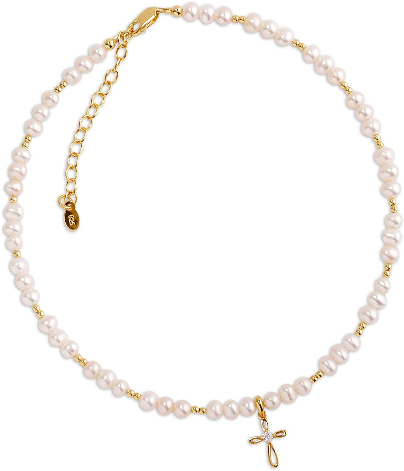 Children'S 14K Gold-Plated Bracelet And/Or Necklace with Cultured Pearls and Cross Charm for Baptism, Christening or First Communion Gift for Girls Apparel & Accessories > Jewelry > Bracelets Cherished Moments Necklace 12-14" Adjustable  