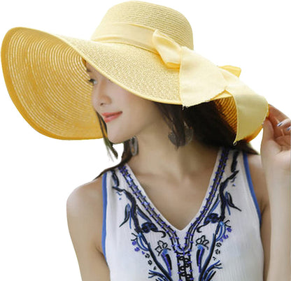 Lanzom Womens 5.5 Inches Big Bowknot Straw Hat Large Floppy Foldable Roll up Beach Cap Sun Hat UPF 50+ Apparel & Accessories > Clothing Accessories > Hats Lanzom Yellow One Size 