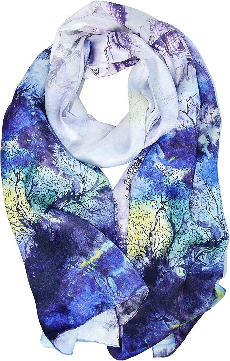 ELEGNA Women'S 100% Silk Flower Painting Long Scarf Shawl Hand Rolled Edge Apparel & Accessories > Clothing Accessories > Scarves & Shawls Elegna Water Country  
