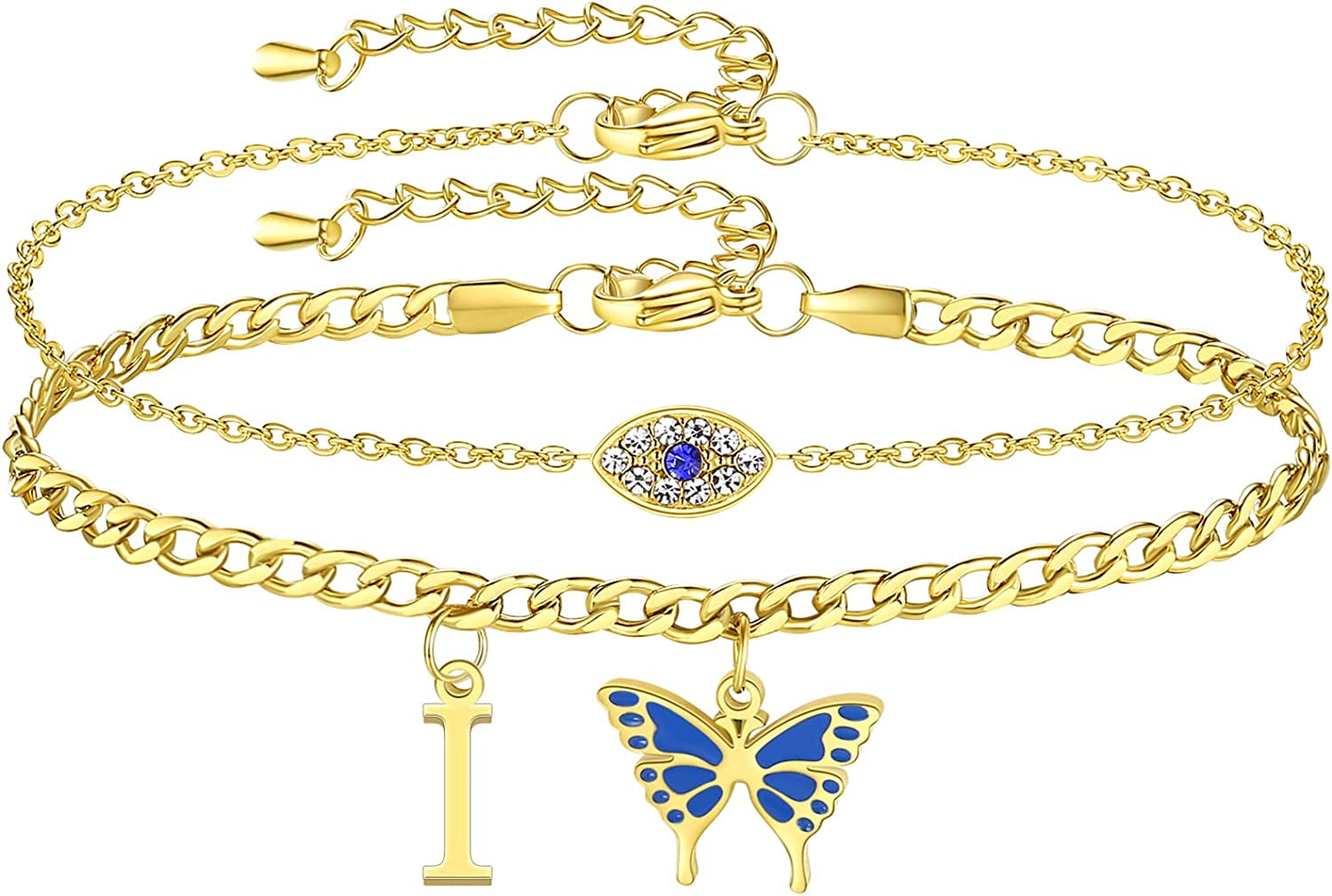 SAM & LORI 2 Pcs Anklets Set 18K Gold Plated Dainty Layered Personalized Initial Anklets Bracelets - Blue Butterfly - Sparkling CZ Evil Eye - Adjustable Summer Jewelry for Women Teen Girls Apparel & Accessories > Jewelry > Anklets SAM & LORI "Butterfly Evil Eye - I  