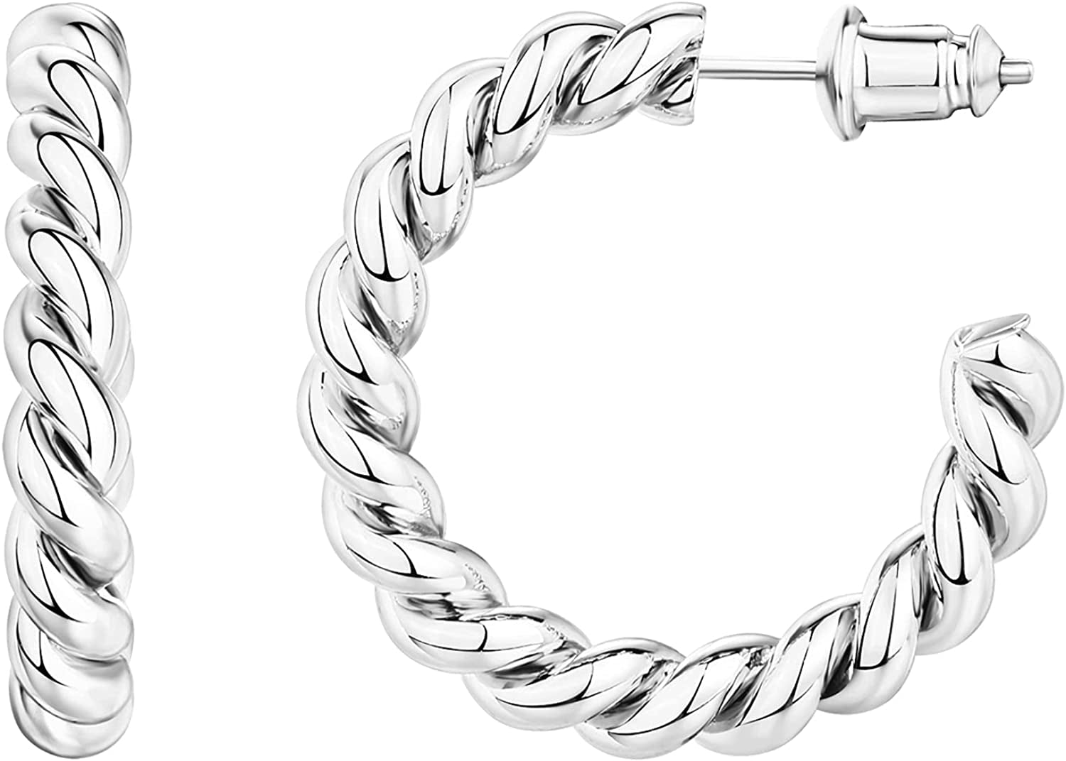 PAVOI 14K Gold Plated 925 Sterling Silver Twisted Rope round Hoop Earrings in Rose Gold, White Gold and Yellow Gold Apparel & Accessories > Jewelry > Earrings PAVOI Plated - White 25.0 Millimeters 