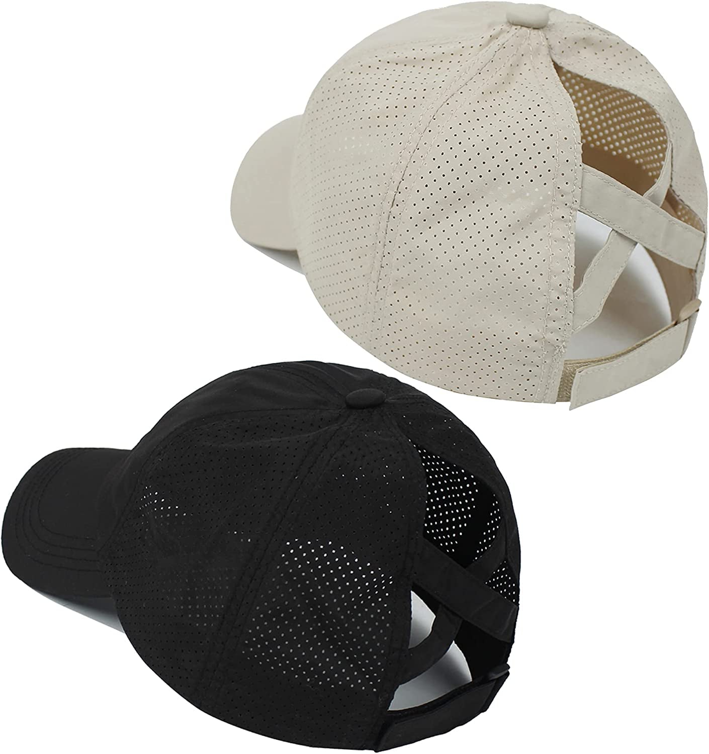 HGGE 2 Pack Womens Criss Cross Ponytail Baseball Caps Adjustable High Messy Bun Ponycap Quick Drying Hat Apparel & Accessories > Clothing Accessories > Hats HGGE Black & Khaki  