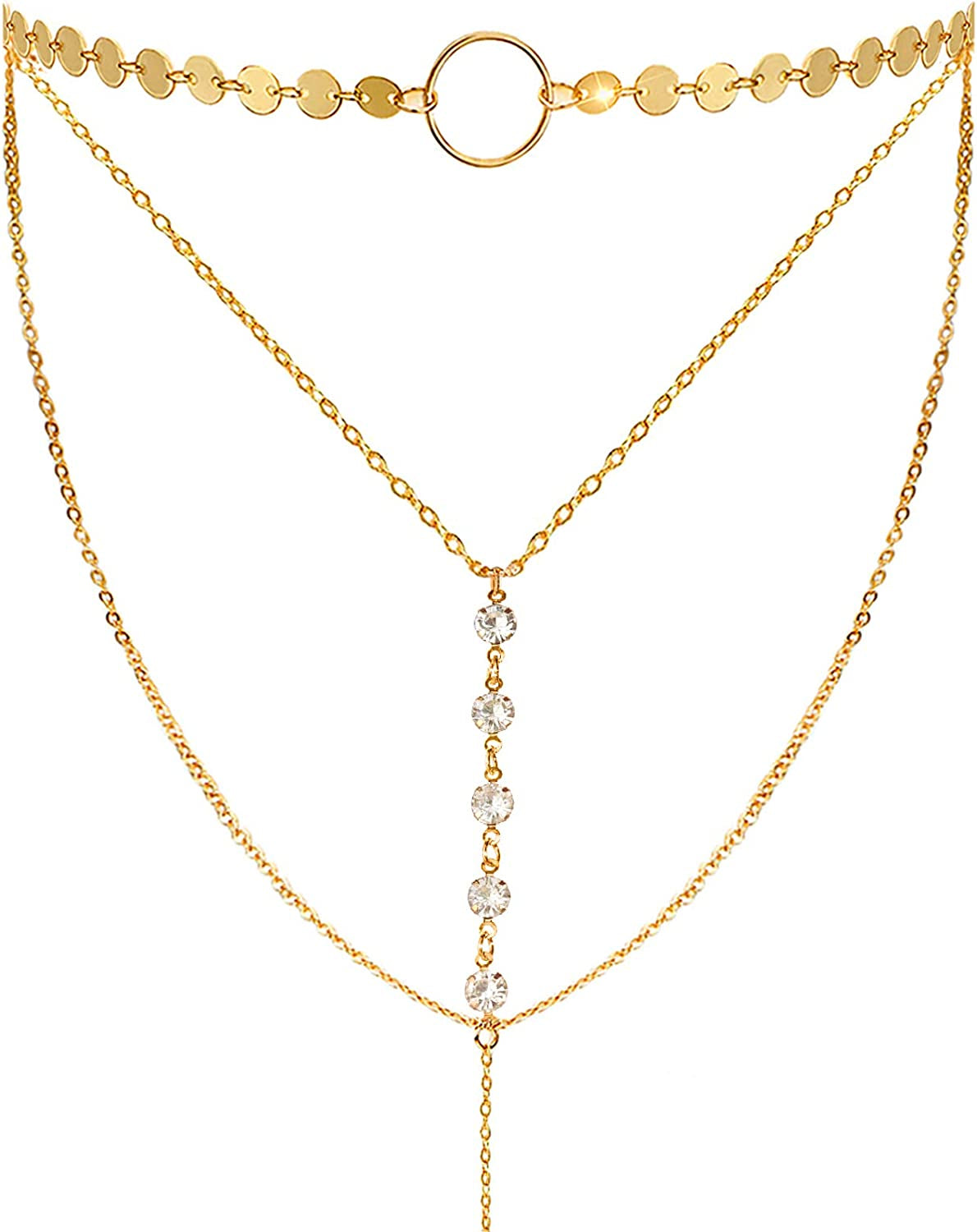 Suyi Stylish Layered Sequins Choker Necklace with Thin Long Chain Pendant for Women Lady Girl Apparel & Accessories > Jewelry > Necklaces Suyi Crystal Gold  