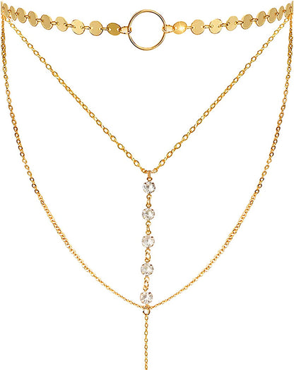 Suyi Stylish Layered Sequins Choker Necklace with Thin Long Chain Pendant for Women Lady Girl Apparel & Accessories > Jewelry > Necklaces Suyi Crystal Gold  