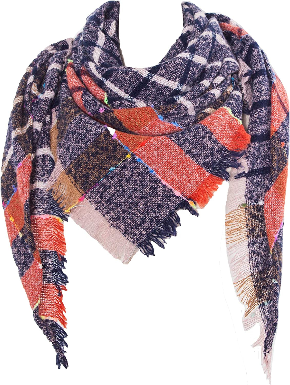 Wander Agio Womens Winter Scarfs Warm Scarf Half Shawls Triangle Scarves Stripe Plaid Apparel & Accessories > Clothing Accessories > Scarves & Shawls Wander Agio Dark Blue 09  
