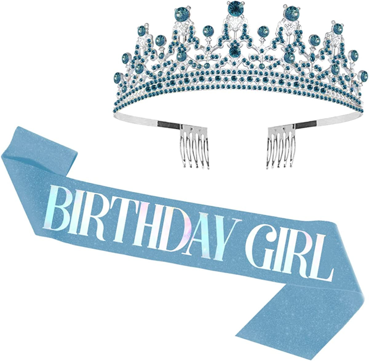 Birthday Girl Tiara and Sash - Birthday Girl Satin Sash Crystal Tiara Birthday Crown Birthday Party Supplies and Decoration Apparel & Accessories > Clothing Accessories > Sashes LATFZ New,birthday Girl,blue  